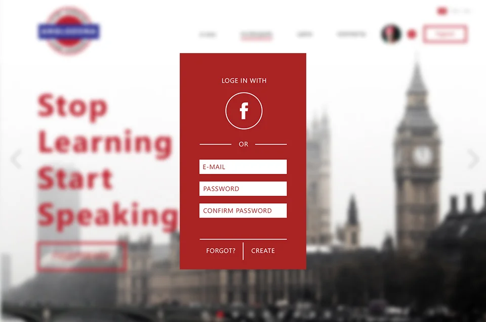 Earlier project website with a red registration form over a London background.